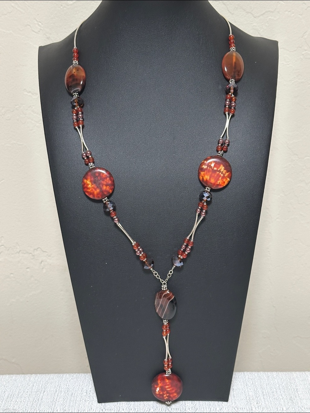 925 Sterling Silver Cornelian, Crystal & Glass Vintage Necklace